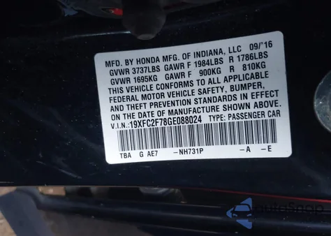 2016 Honda Civic Ex z USA, uszkodzony, nr VIN 19XFC2F78GE088024